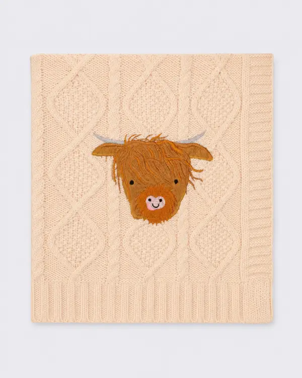 Highland Cow close Ziggle Highland Cow Cable Knit Baby Blanket