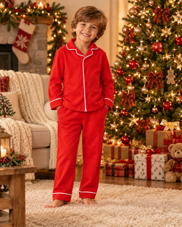 Cheerful Boy in Red Christmas Pyjamas Raff & Roo The Christmas Club Pyjamas