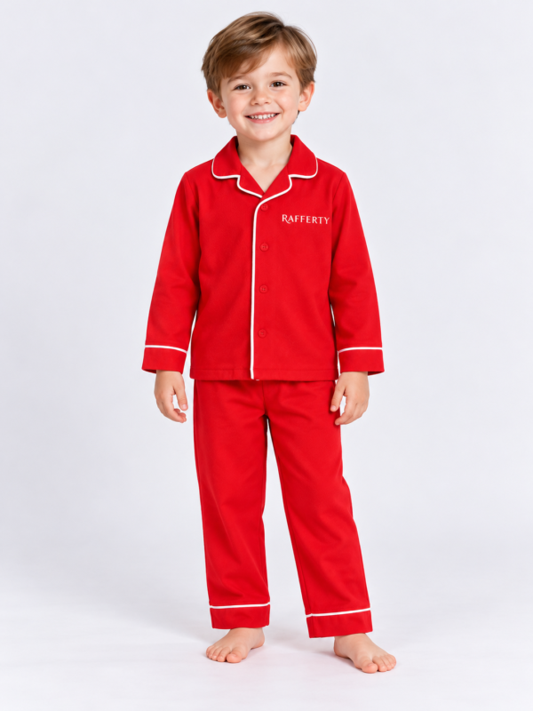 Cheerful Boy in Red Piped Pyjamas Raff & Roo The Christmas Club Pyjamas