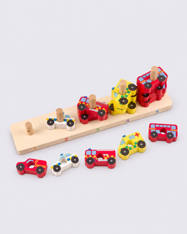 Colourful Wooden Vehicle Stacking Puzzle Orange Tree Toys Emergency Vehicle Counting Game
