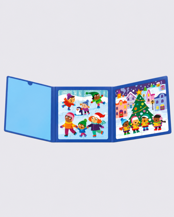 Festive Fold-Out Winter Puzzle Triptych Christmas Village Magnetic Jigsaws & Activity Set