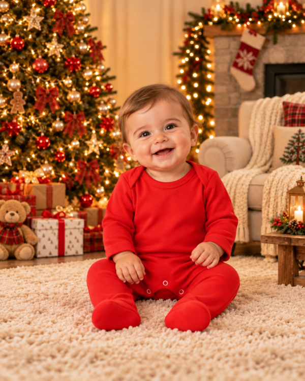 Smiling Baby by the Christmas Tree The Christmas Club Baby Sleepsuit