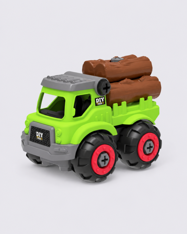 Toy DIY Logging Truck on Pale Lavender Background Builderz 2-in-1 Logger & Front Loader Set – 42 Pieces
